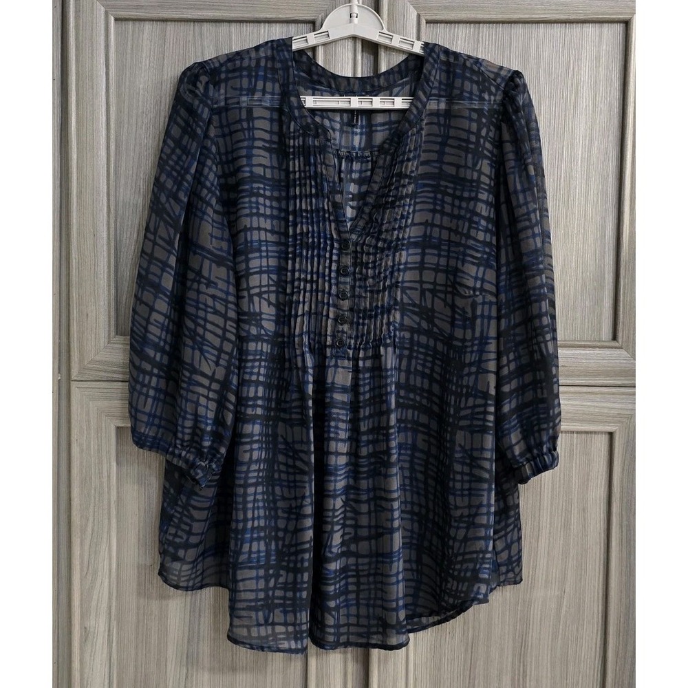 Nicole Miller NY Sheer Blouse 2X 3/4 Sleeve V-Neck Brown w Blue Plaid
